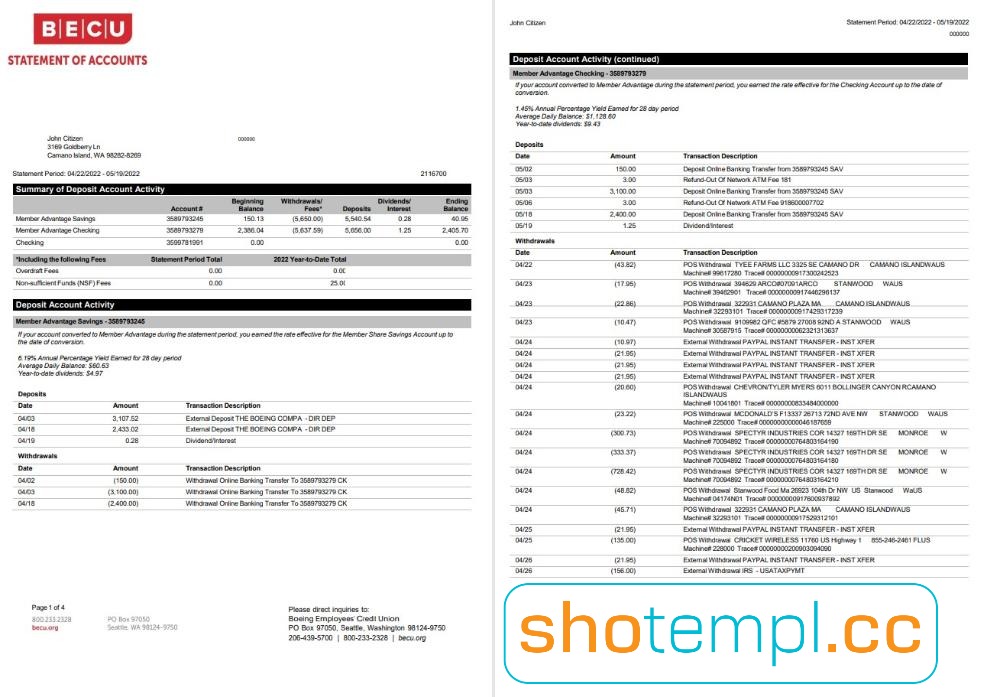 BECU Bank Statement Templates in PDF Format